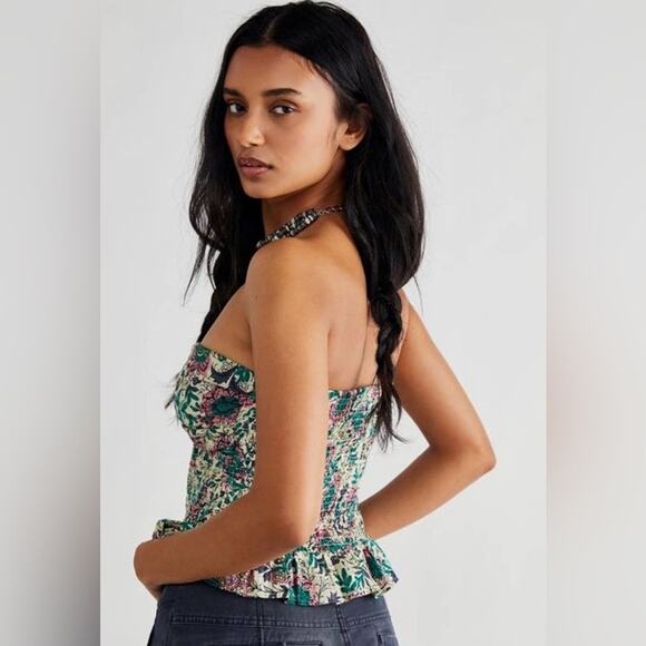 Free People One More Time Tube Top Green Pink Floral Strapless Size Large - Picture 2 of 9